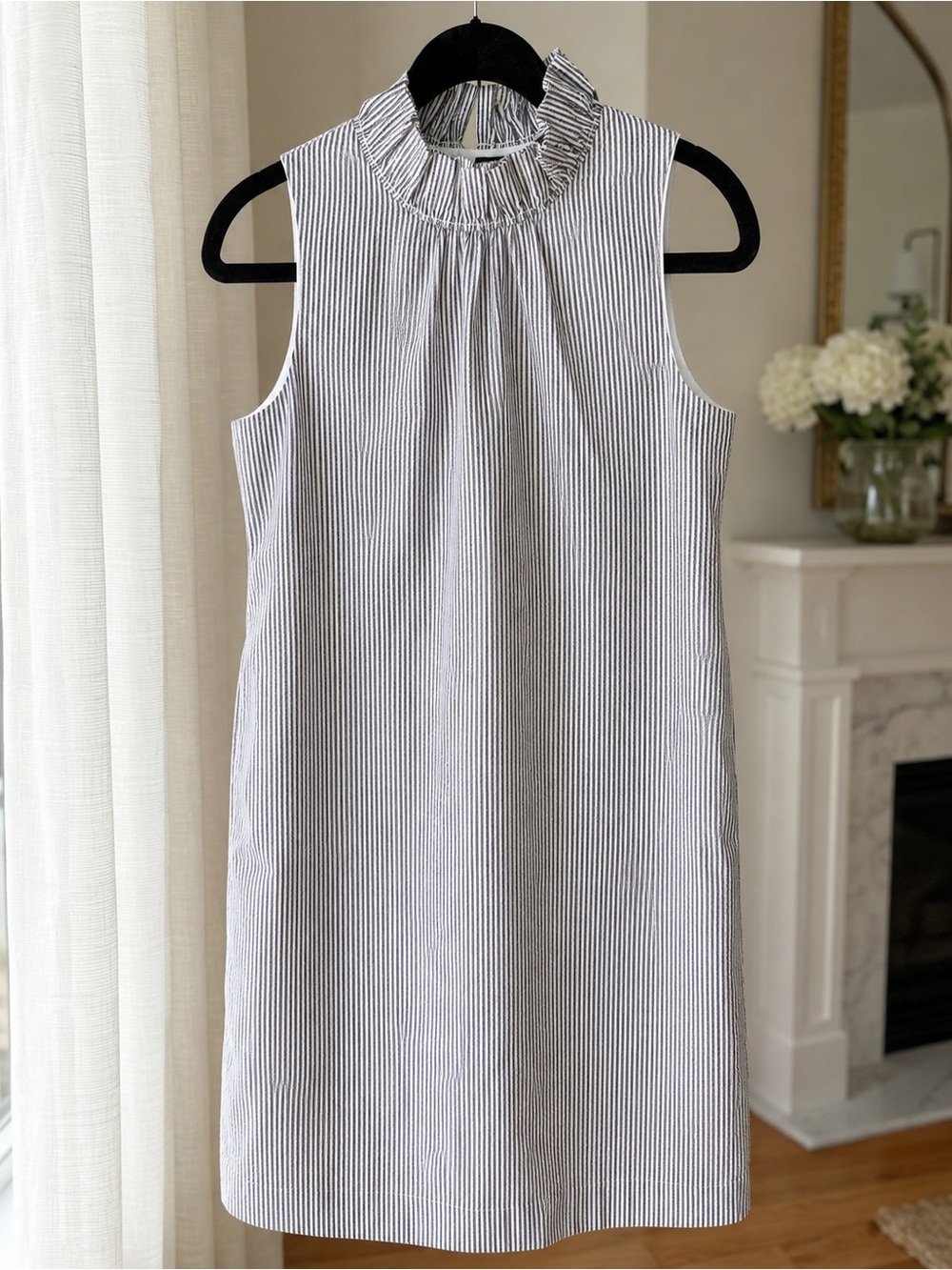 Banana Republic Black-and-White Striped Ruffle-Neck Mini Dress